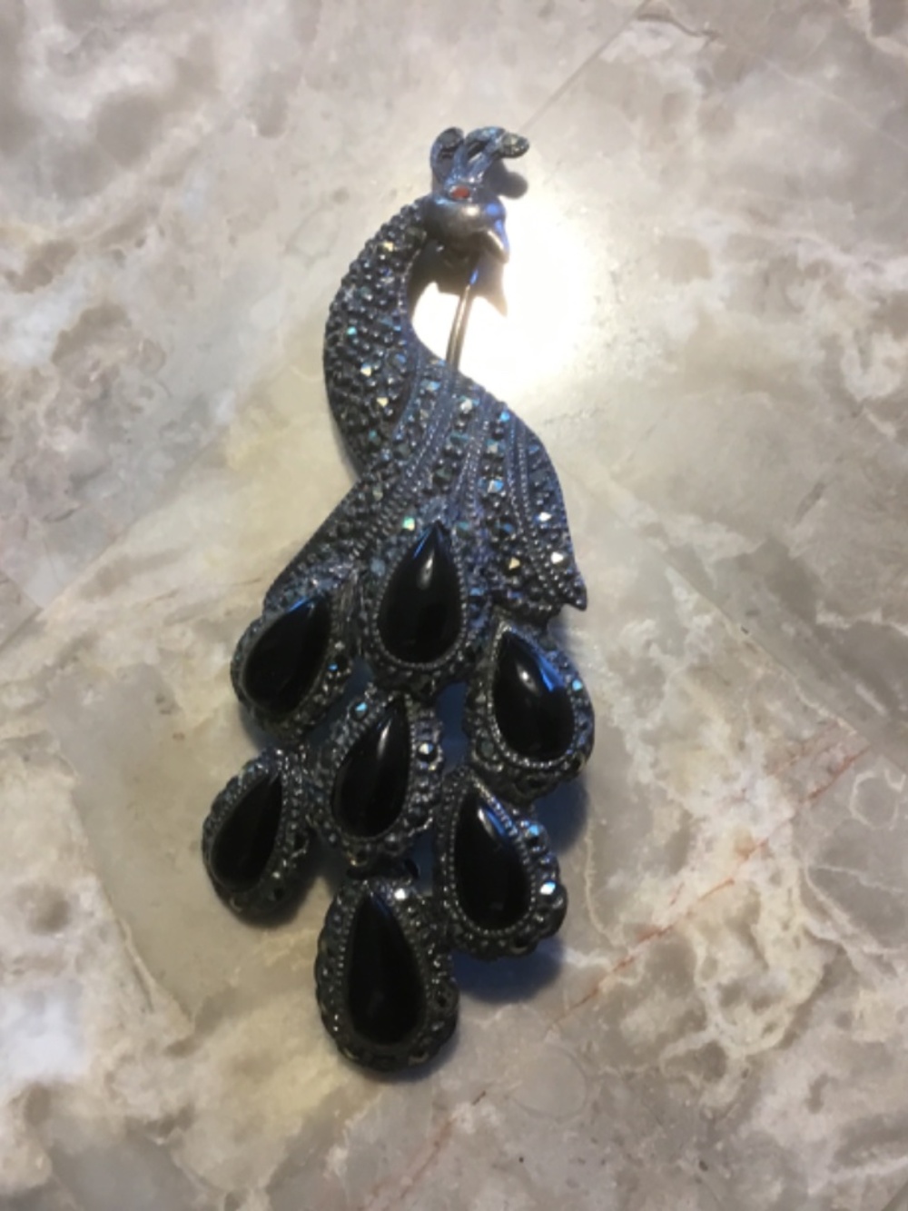 Sterling 925 ONYX Peacock Brooch (latch hook missing) - Picture 11 of 11